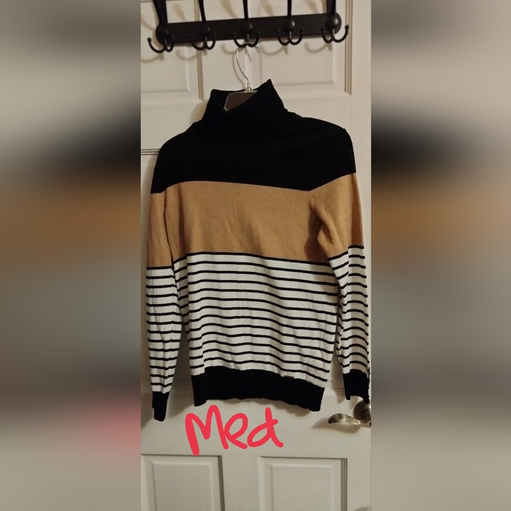 Tommy Hilfiger Black and Tan Striped Turtleneck Sweater